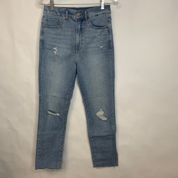 Express Slim Super High Rise Jeans Lt Wash Distressed Sz 4 - Picture 6 of 13